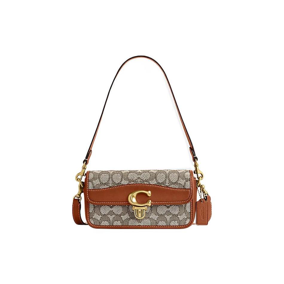 New COACH Studio Cow Leather With Textile Baguette Bag Handbag Shoulder Bag Women's Brown & Gray CJ860-B4TA7