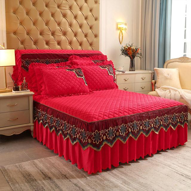 Европейское роскошное кружевное веерное покрывало для кровати, бархатное 200x220, стеганое покрывало королевского размера, юбка королевы, оборки, чехлы на изголовье