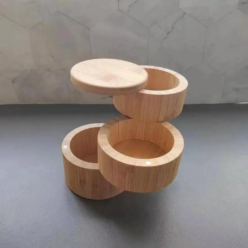 Бамбуковая солонка с ложкой Кухонная банка для специй Магнитный вращающийся бытовой контейнер для приправ Шкатулки для хранения ювелирных изделий ручной работы