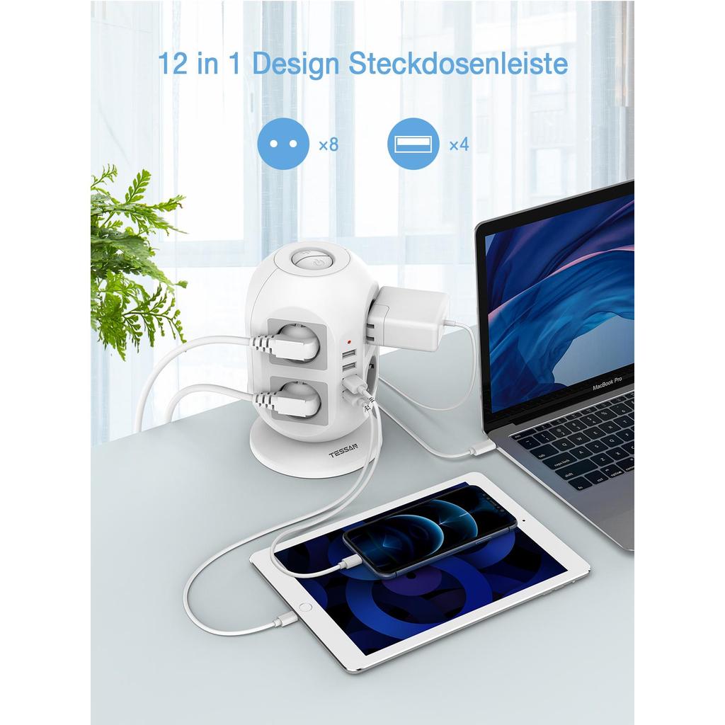 Tessan Башня с несколькими розетками и 3/4 USB-портами, удлинительный кабель 2 м, вертикальная вилка, электрическая розетка, защита от перенапряжения для дома