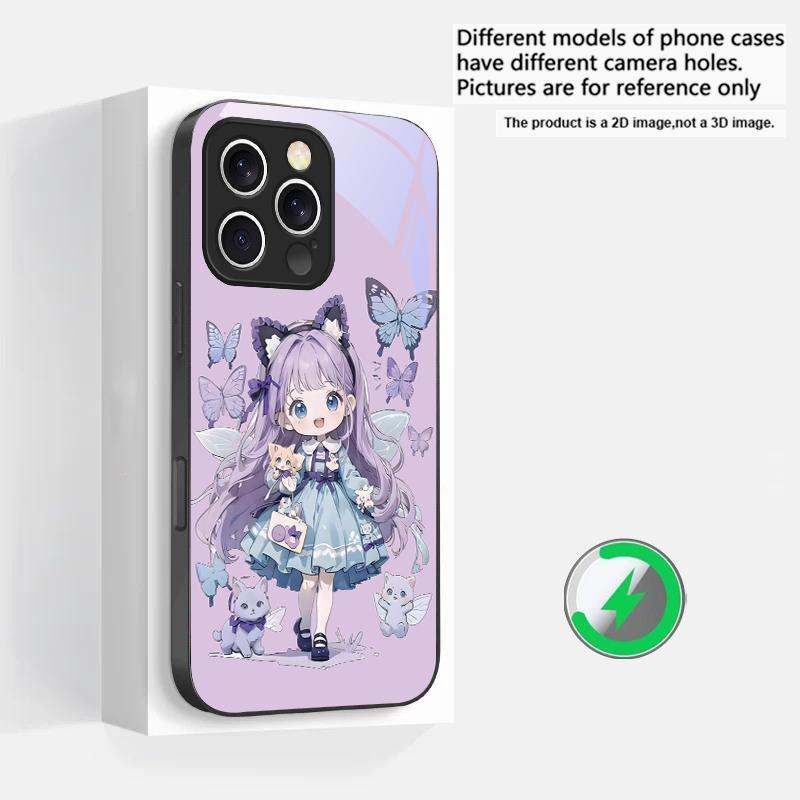 Q-версия Синяя Бабочка Подходит для iPhone 16E 17 Pro Max 15 Pro 14 13 Plus 12 mini 11 16 Air 17Pro Магнитный Стеклянный Чехол для Телефона