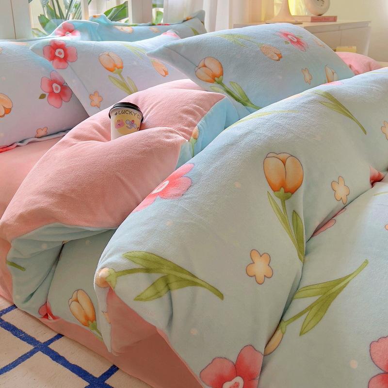 Комплект из четырех предметов из утолщенного молочного флиса, зимний теплый двухсторонний флисовый пододеяльник, флисовая простыня из трех предметов