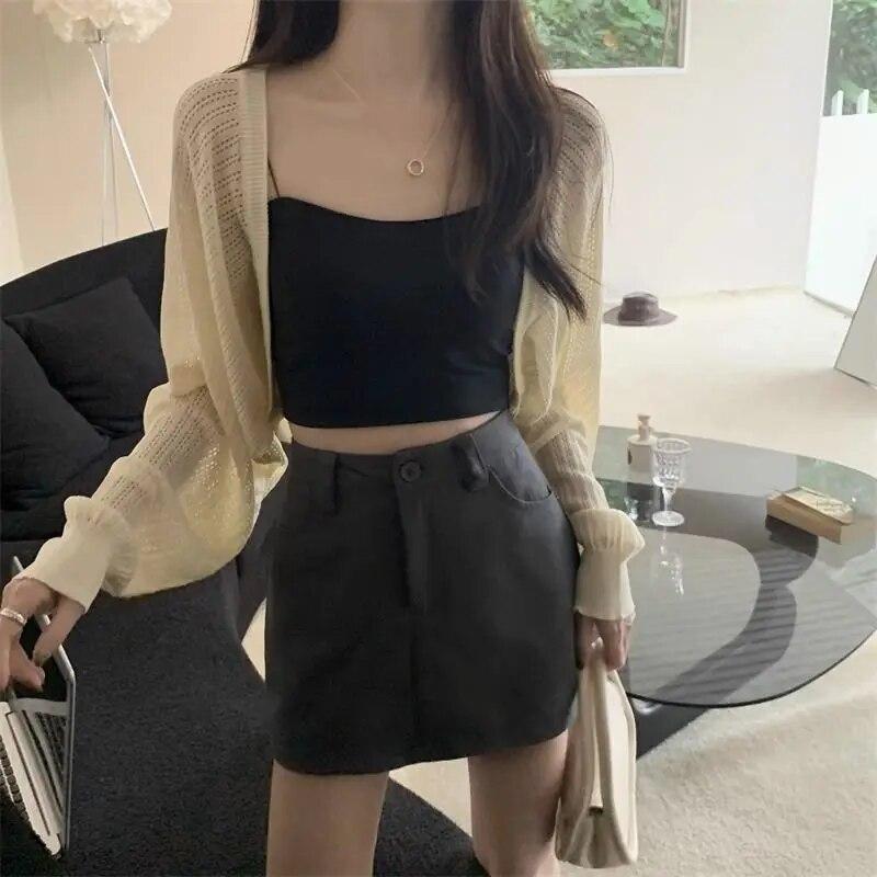 White Hollowed Out Knitted Cardigan Sweet Versatile Women Short Top Loose Shawl Thin Coat New Fashion Commuting Spring Autumn