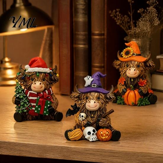 Small Decorative Figurines 3Pcs Highland Cow Figurine, Resin Yak Statues for Thanksgiving Christmas, Cute Entryway Farmhouse Tabletop Ornaments Shelf