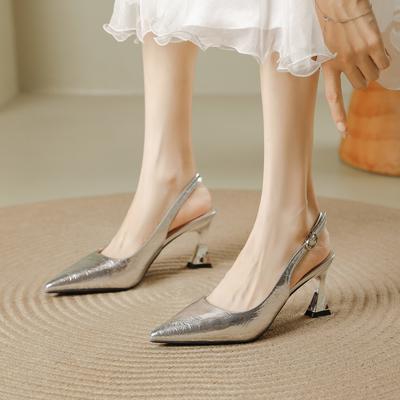 Женские летние новые удобные и универсальные босоножки-стилеты с острым носком, ремешком на одно слово и юбкой, французские с открытой пяткой, с неглубоким вырезом, на высоком каблуке