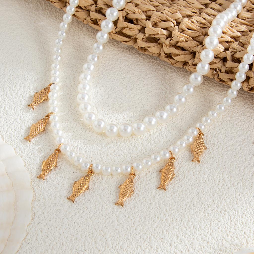 Tianku Imitation Pearl Beads Necklace Set Personalized Metal Fish Pendant Clavicle Necklace