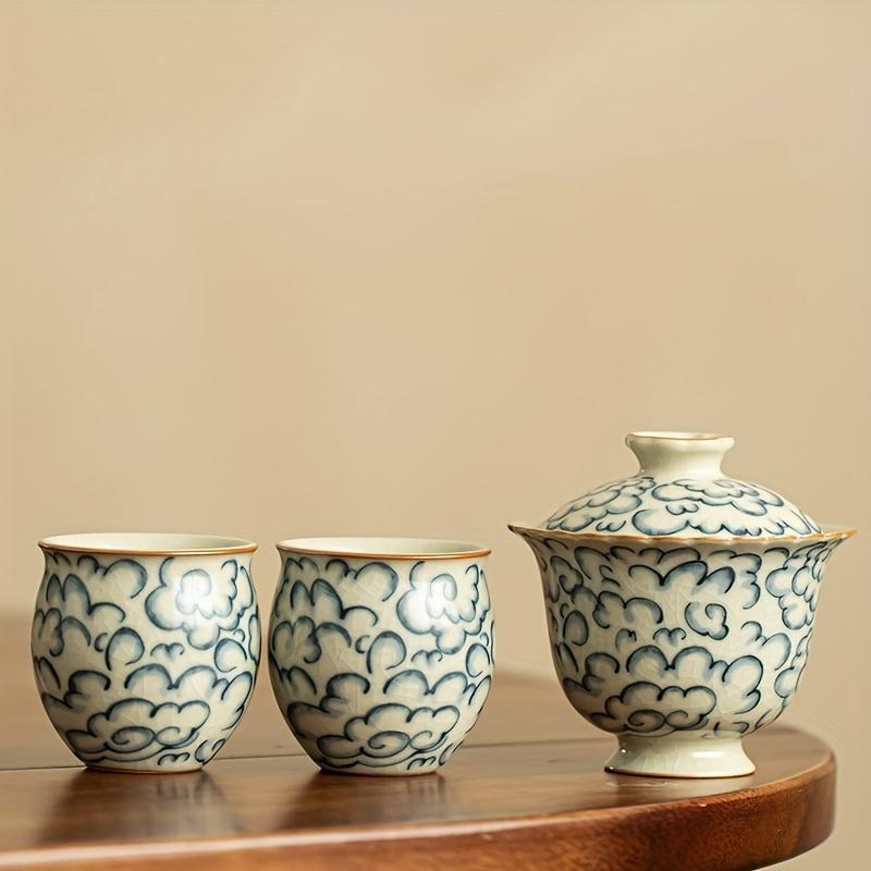 1set Rustic Ru Kiln Porcelain Tea Set Vintage Blue And White Floral Design Chinese Kung Fu Tea Ceremony Ceramic Teapot With Lid And Two Cups For Home