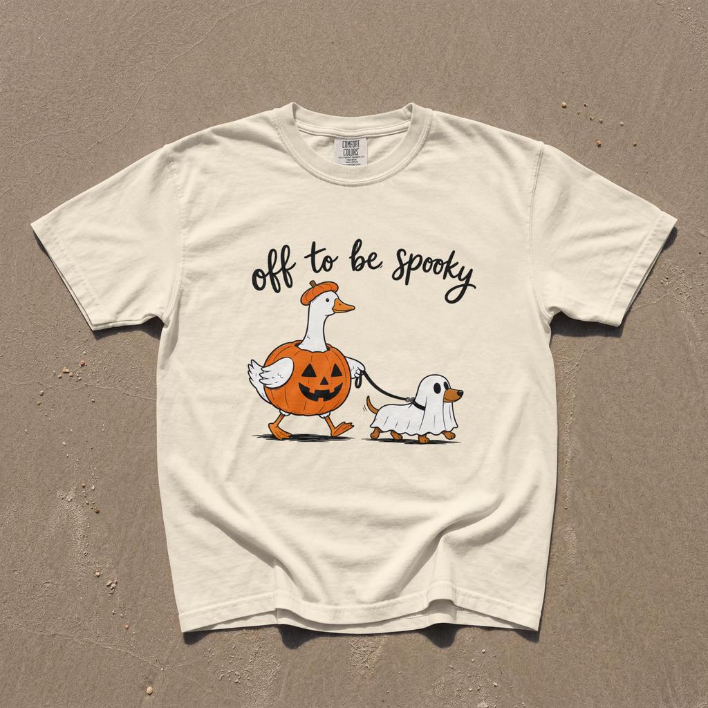 Off to Be Spooky Duck and Dog Shirt, Ghost Costume Pumpkin Duck Halloween Tee, Funny Animal Gift, Oversized Vintage Comfort Colors