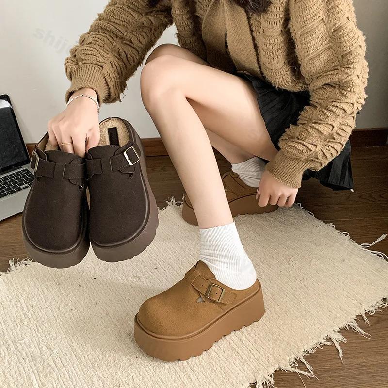 Fashion Winter Platform Slippers Women 2025 New Warm Fur Mules Slippers Fashion Slip On Slides Comfort Casual Home Female Cotton Shoes