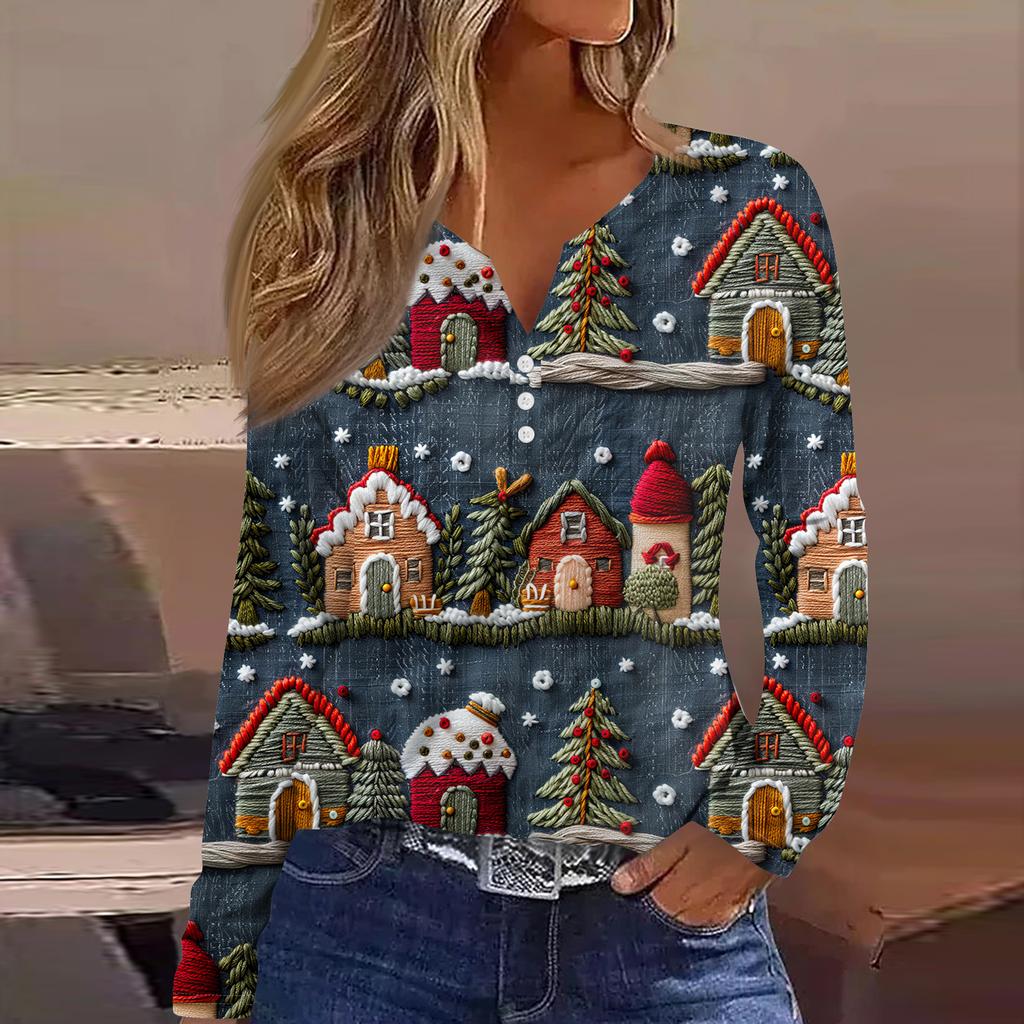 Женская модная повседневная футболка с V-образным вырезом, на пуговицах, с длинным рукавом, с рождественским принтом