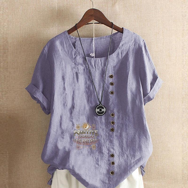 Женская модная футболка с круглым вырезом и коротким рукавом, повседневная хлопковая льняная рубашка с графическим принтом, летняя блузка с английским принтом и топами