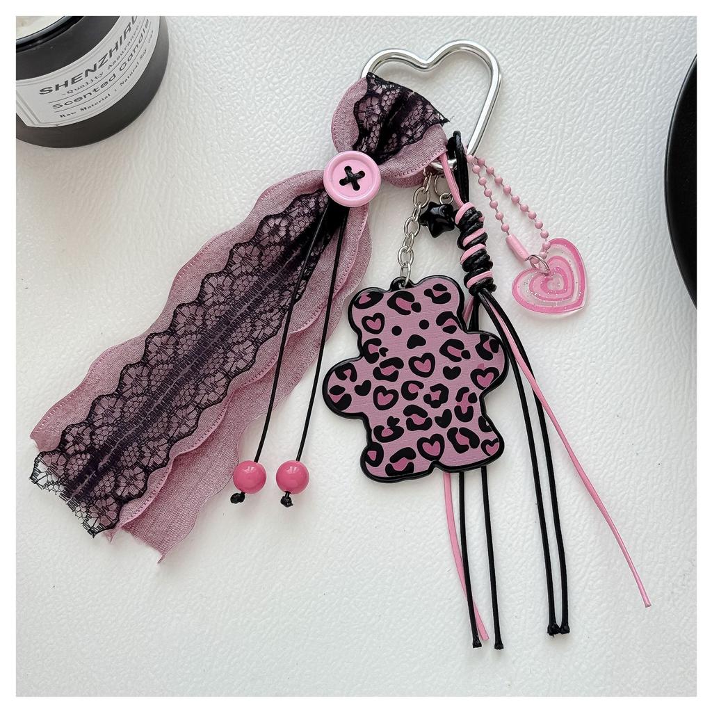 Pink Black Leopard Bear Lace Ribbon Bag Charm Carabiner Beaded Tassel Gothic Cute Bag Pendant Bag Charm