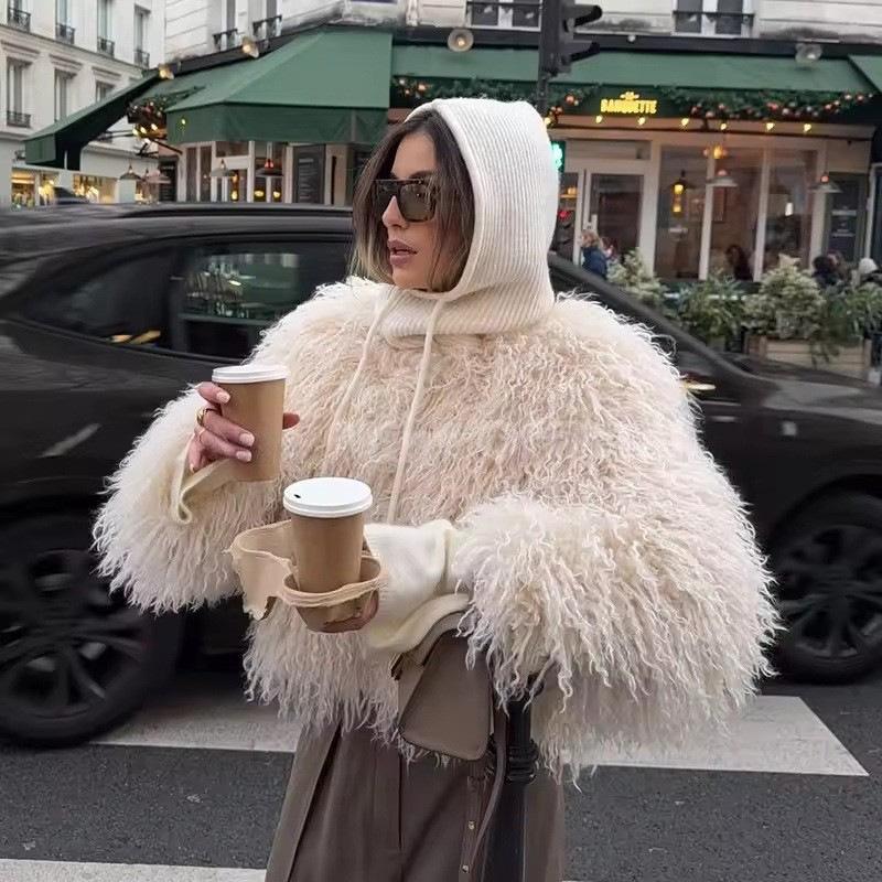 Autumn And Winter Round Neck Lazy Wind Artificial Fur Imitation Fur Jacket Short Beach Sheep Wool Jacket Women