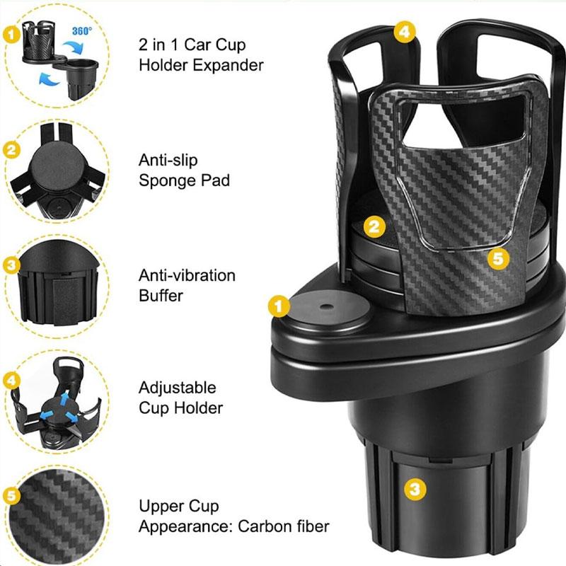 Расширитель подстаканника для автомобиля 2 в 1, регулируемое основание на 360 градусов, держатель для кофе и напитков, устойчивый к тряске, стабильный двойной подстаканник