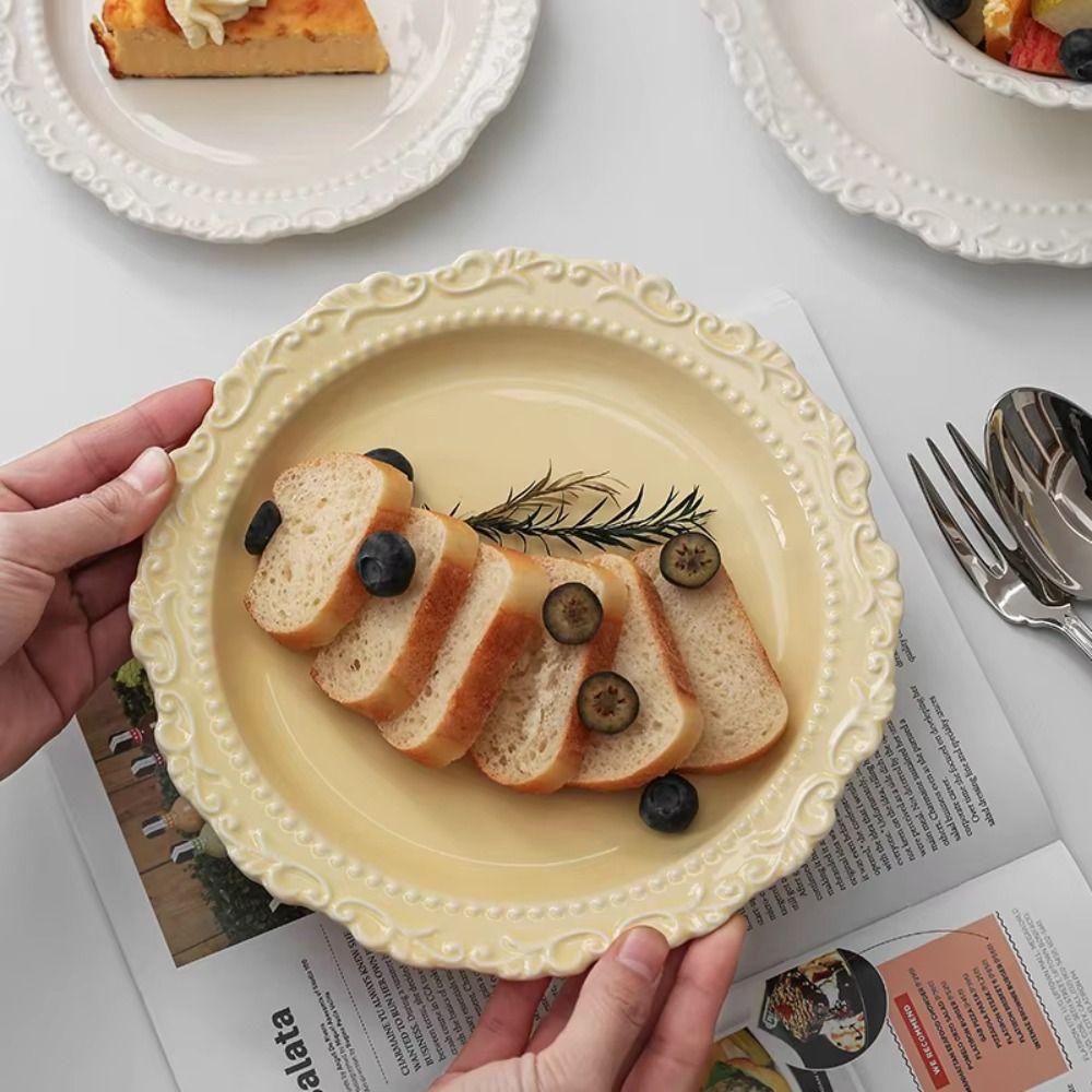 Embossed Design Ceramic Dessert Plate White/Yellow Color Western Dining Tableware Kitchen Use