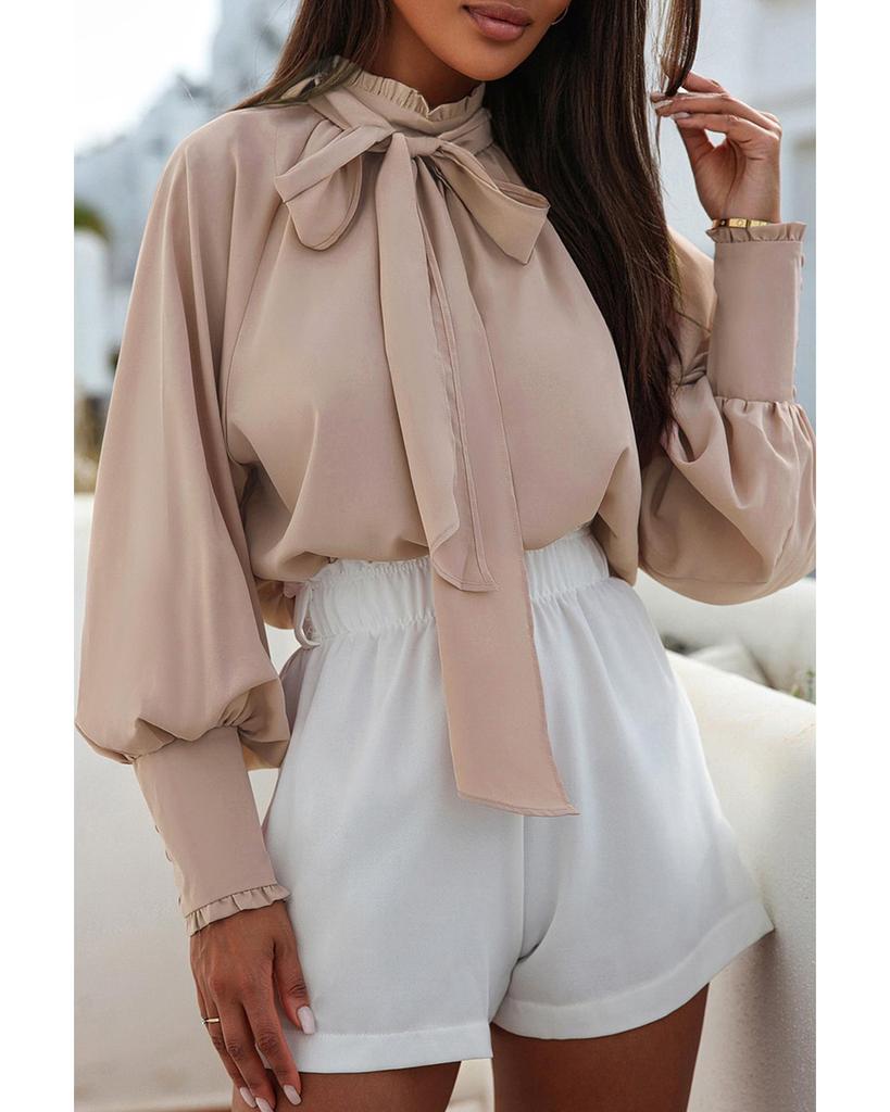 Azura Exchange Khaki Frilled Knotted Blouse with Bishop Sleeves