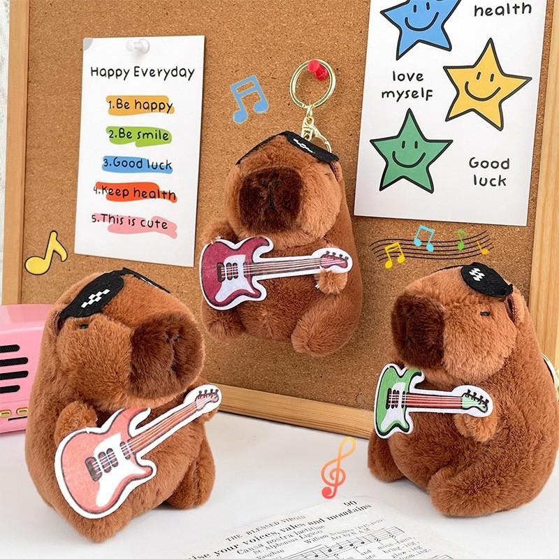 Green Guitar Capybara Plush Toy Short Fur Musical Student Backpack Keychain Cute Collectible Gift