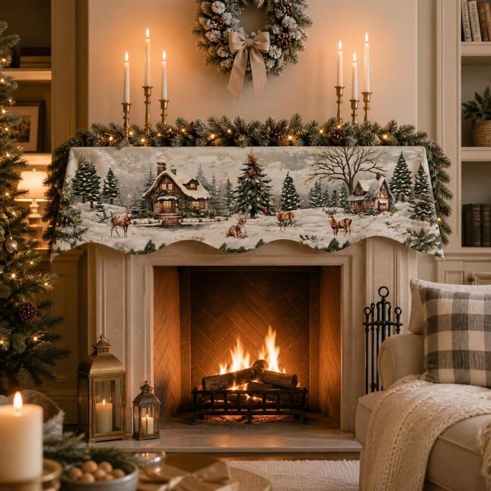 Snow Landscape Christmas Fireplace Mantel Scarf Snowman Fireplace Shelf Cover Christmas