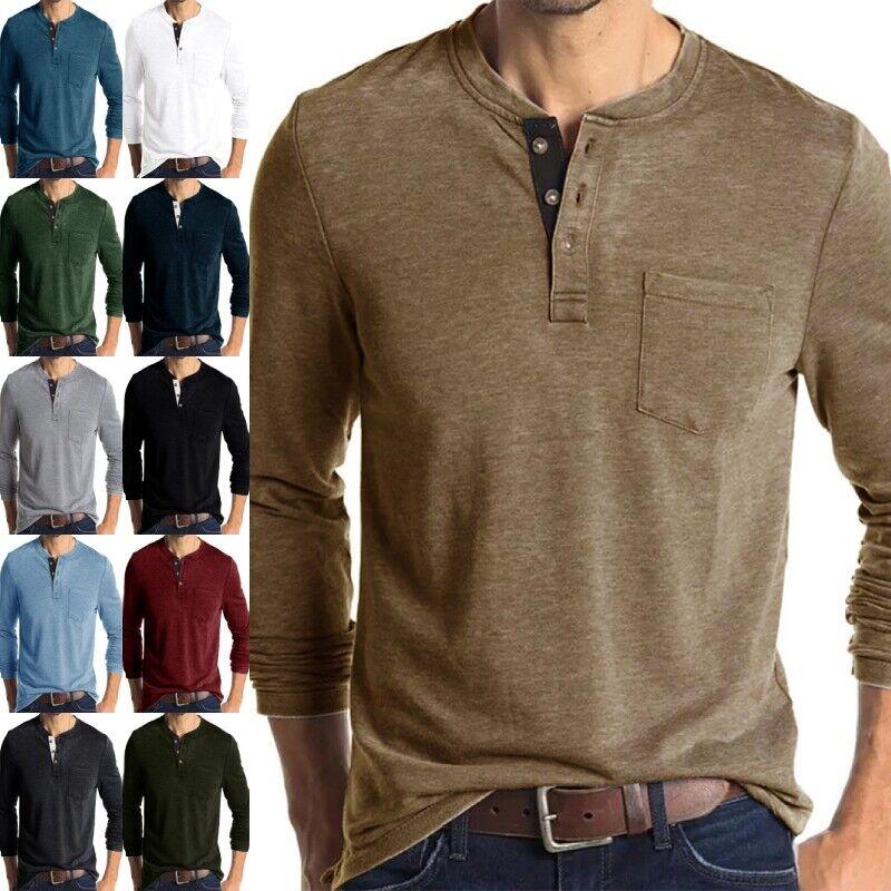 Мужская рубашка Henley с длинным рукавом, повседневный мешковатый пуловер на пуговицах, однотонные футболки, топы