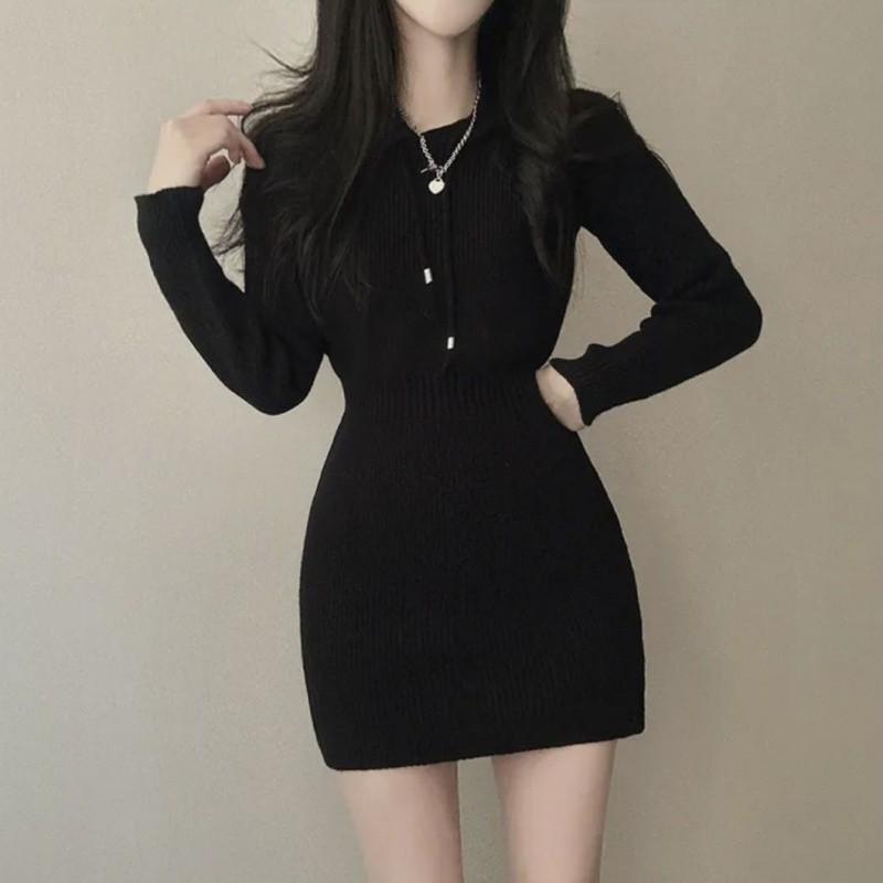 Women Winter Dress Knitted Sweater Solid Slim Elastic Hoodie Dress High Waist Vintage Pullovers Sniper Style Mini Dress Korean