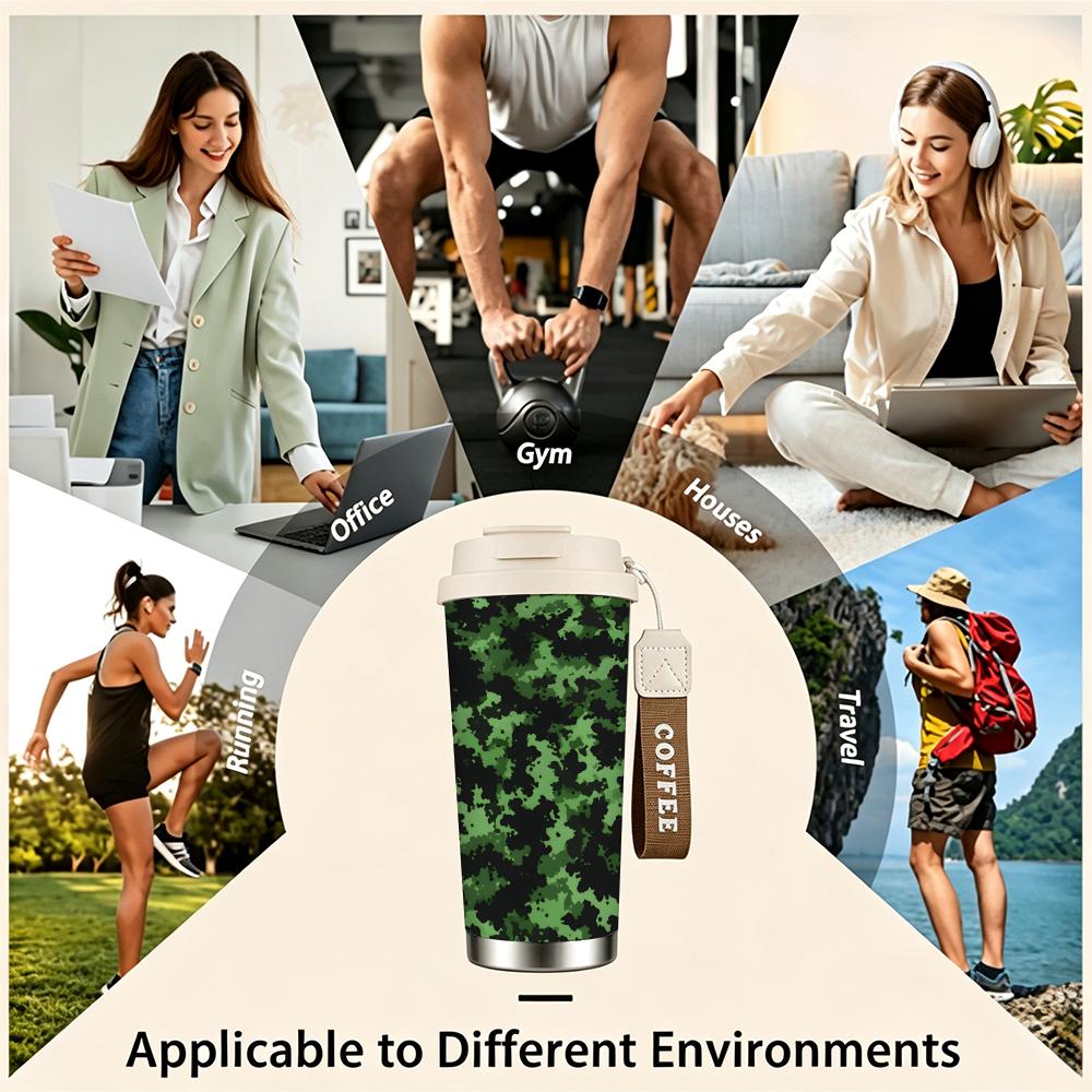 Green Camouflage Pattern Stainless Steel Insulated Coffee Tumbler Vacuum Travel Mug Leakproof Cup for Outdoor Camping Hiking