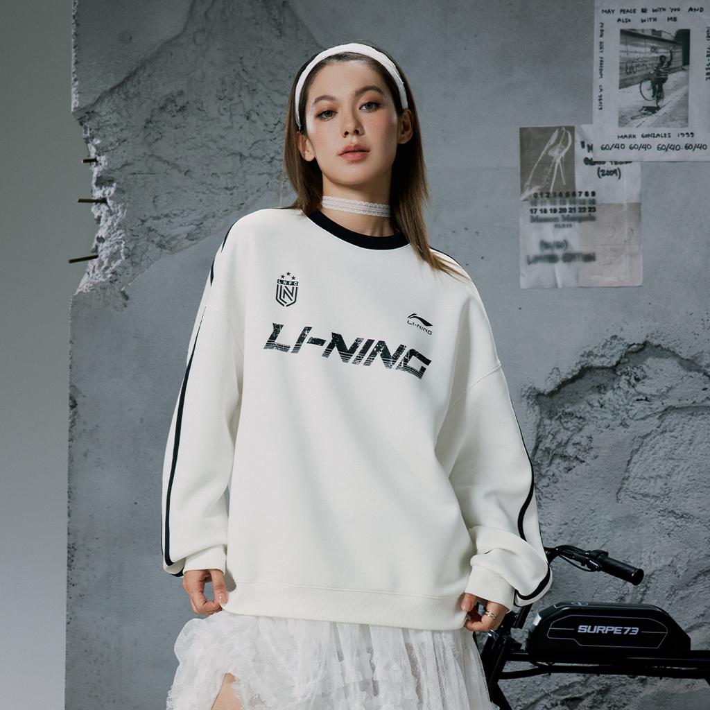 Li Ning Sports Lifestyle Series Свитшот унисекс с круглым вырезом, свободного кроя, в стиле кэжуал, в ретро-цветовой блок, с буквенными полосами, универсальный, молочно-белый AWDVF87-1