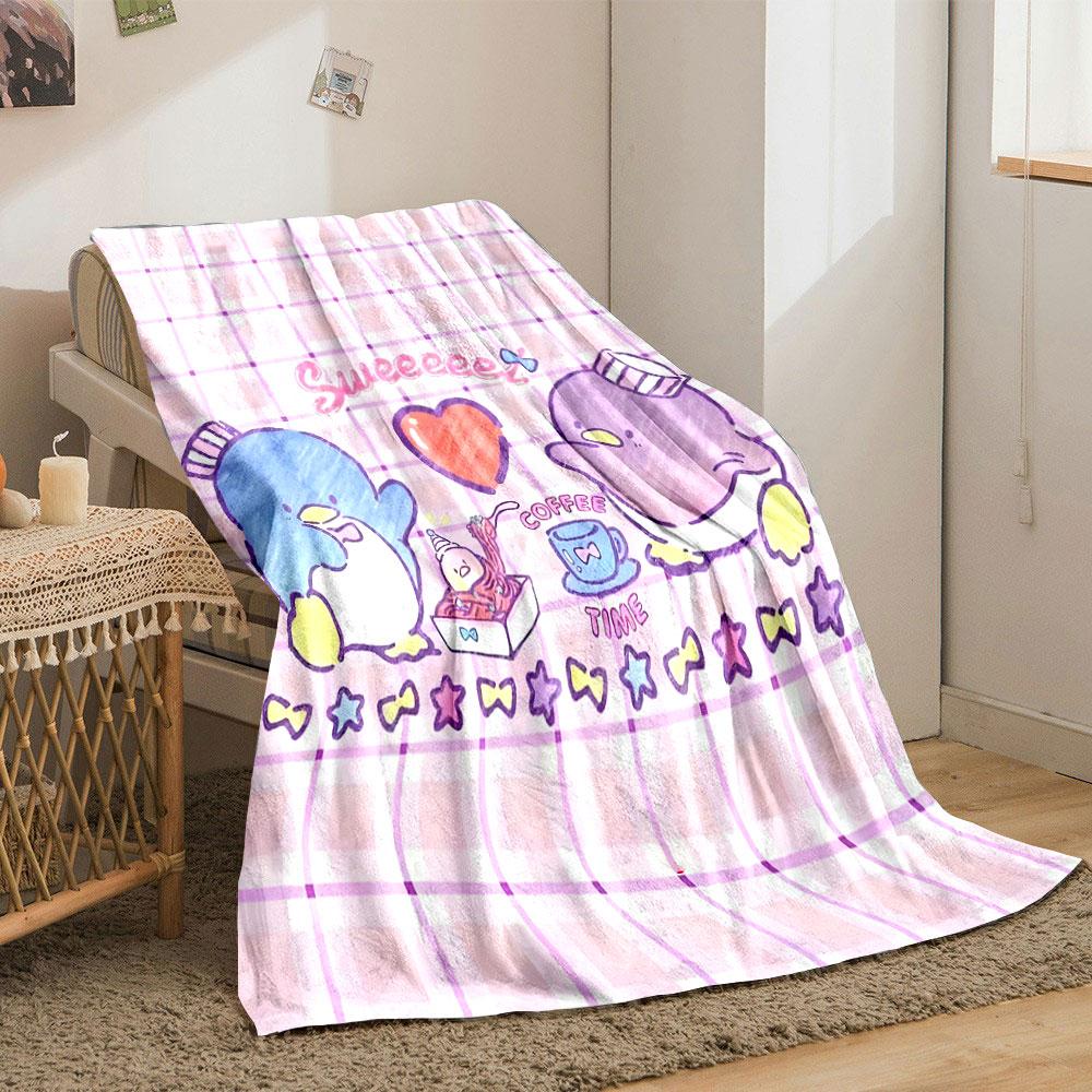 Cute penguins enjoying a meal with a heart motif and pastel checkered backdrop. for all seasons blanket lunch break throw gift