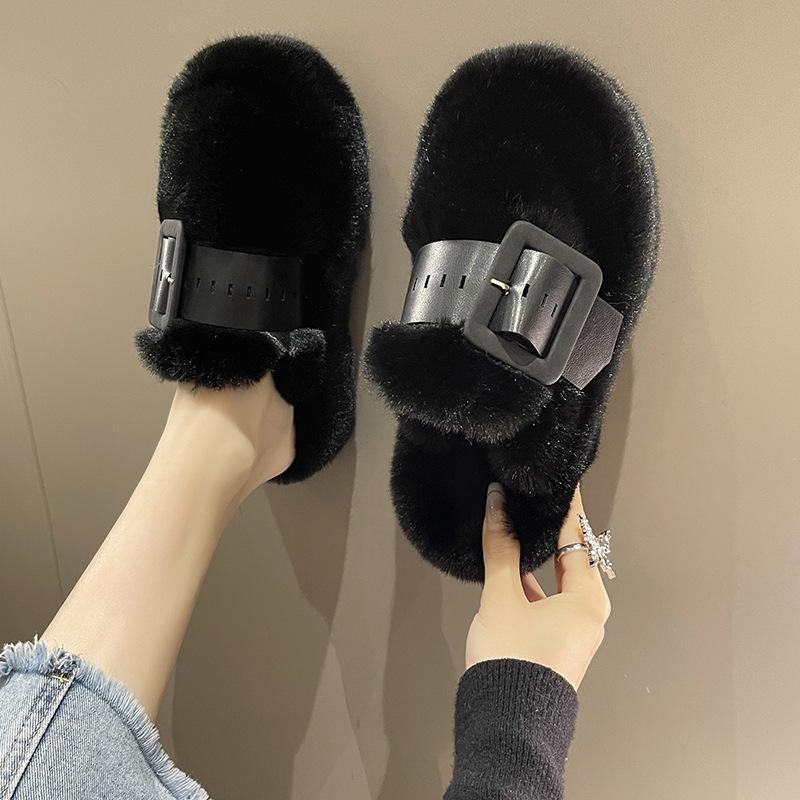 Baotou Mao Mao slippers women's outer wear 2025 new thick-soled belt buckle without heel lazy half-drag niche cotton slippers
