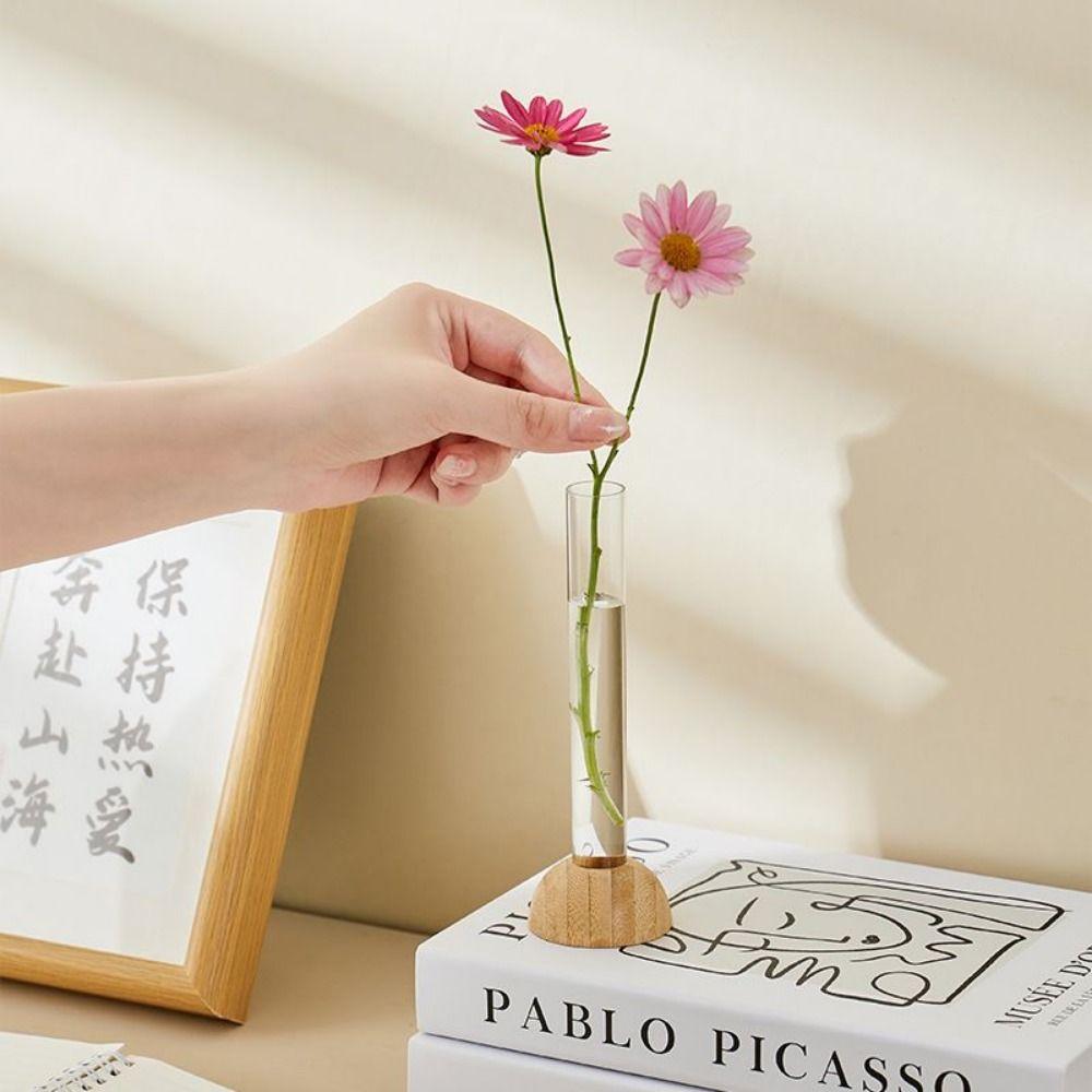 2 Pcs With Wooden Stand Hydroponic Plants Vase Shatterproof Clear Flower Vase Table