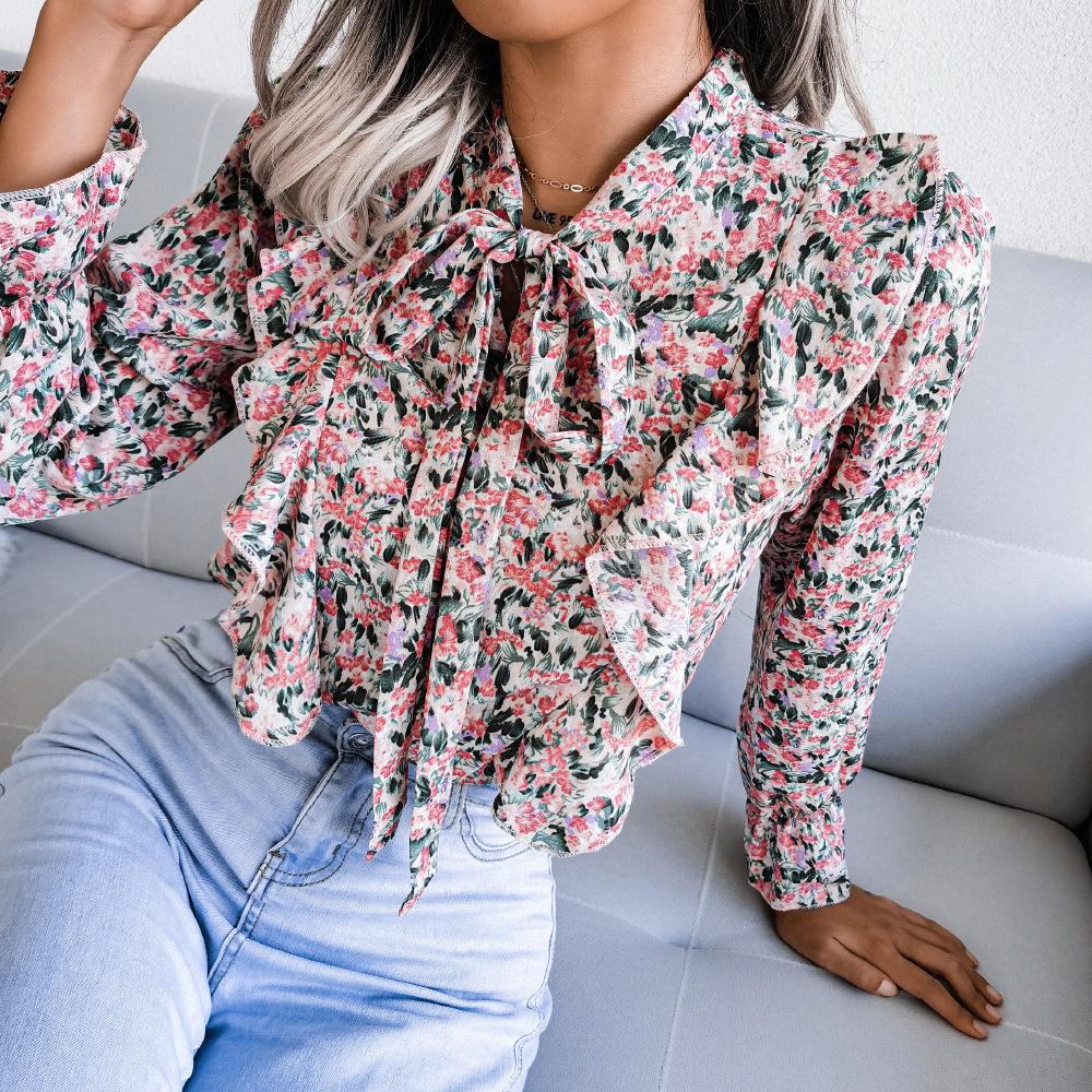 Women's Fall and Winter Casual Lace-up Ruffled Floral Chiffon Shirt