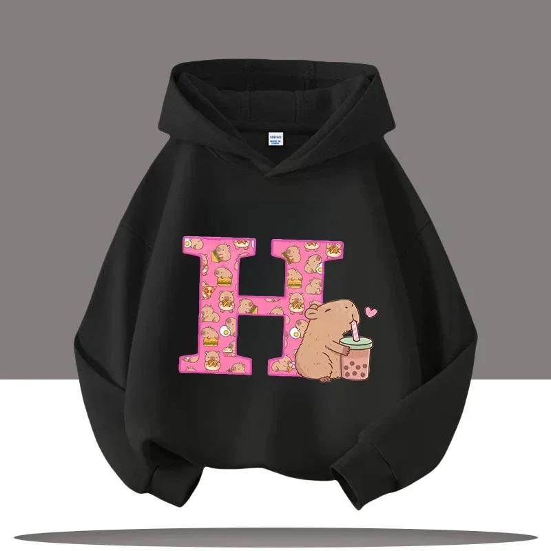 Capybara Hoodie Cute Kawaii Boba Tea Alphabet Letter Heart Pink Black Aesthetic Oversized Casual Sport Sweatshirts