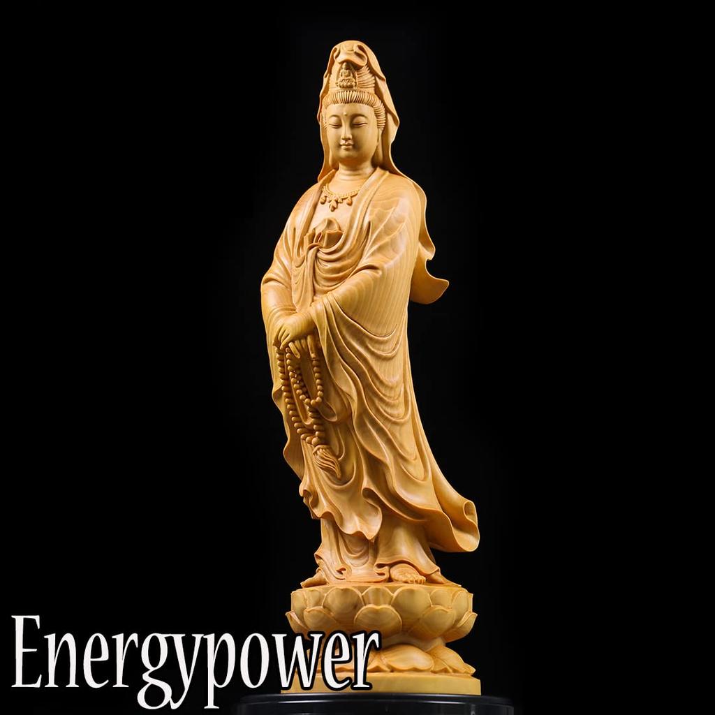 EnergyPower Wood Carving Kannon Bodhisattva Statue, Finely Crafted, High-Grade, Made from Natural Boxwood, Buddhist Art, Boxwood, Kannon Bodhisattva,