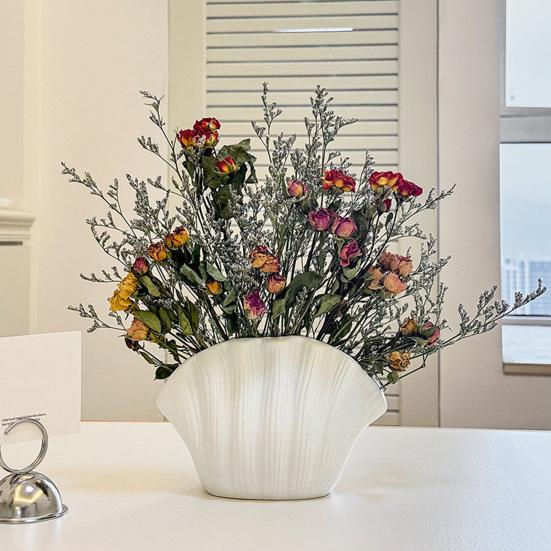 White Vinyl Shell Flower Vase Modern Pleated Flower Holder Container Home Office Table Centerpiece