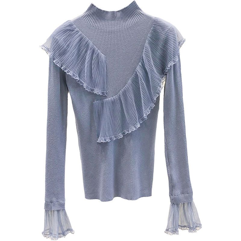 Женский свитер с кружевной отделкой в стиле пэчворк и оборками на осень и зиму, облегающий трикотажный топ с высоким воротом для женщин