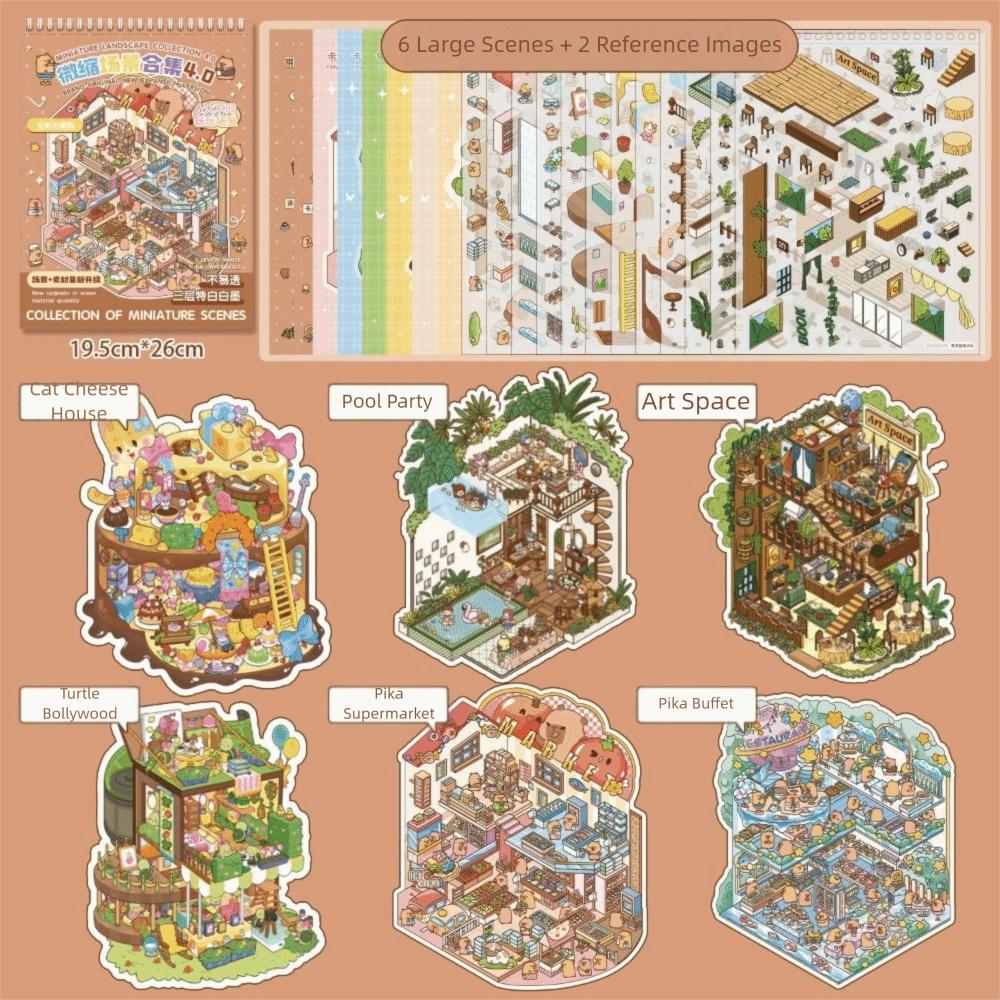 Мультяшные питомцы Миниатюрная сцена Коллекция Визуальная stacking 3D Ландшафтный стикер 'S Тихие книжки