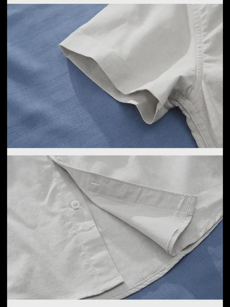 Мужская льняная рубашка с воротником-стойкой в китайском стиле — короткий рукав, свободный крой, летний повседневный тренд