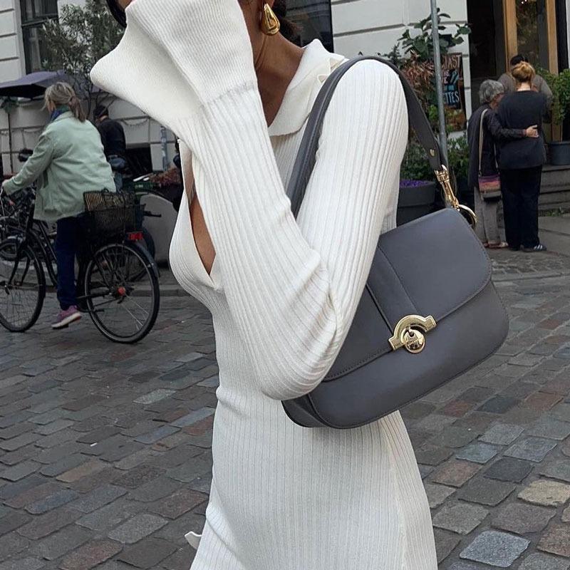 Белое трикотажное платье с высокой талией, модное женское платье с лацканами в рубчик, осень 2023, тонкое элегантное длинное платье, повседневное вязаное однотонное праздничное платье