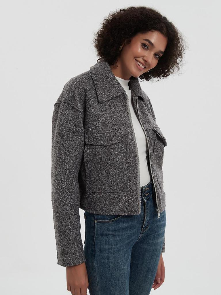 Женское пальто из серой шерсти в европейском и американском стиле с отложным воротником, большими карманами, для осени и зимы