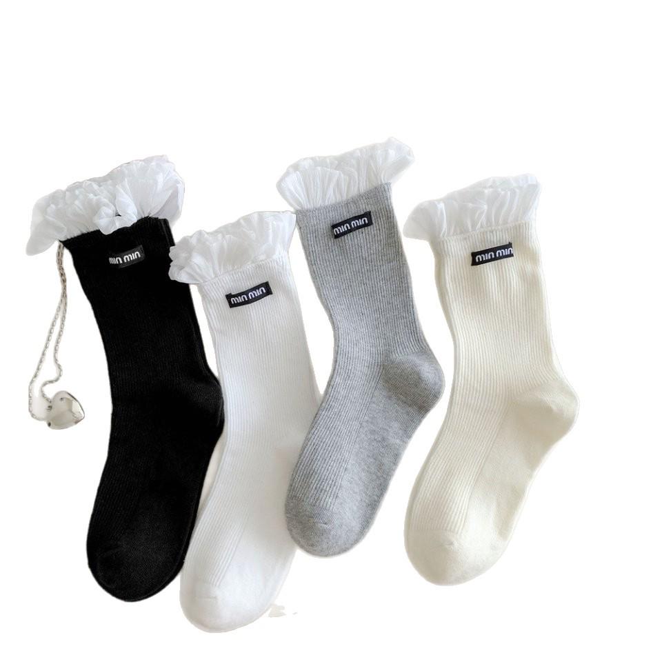 Мэри Джейн Носки женские с двойной иглой в корейском стиле, с белым кружевом и оборками, с тканевой этикеткой с надписью в стиле Miu