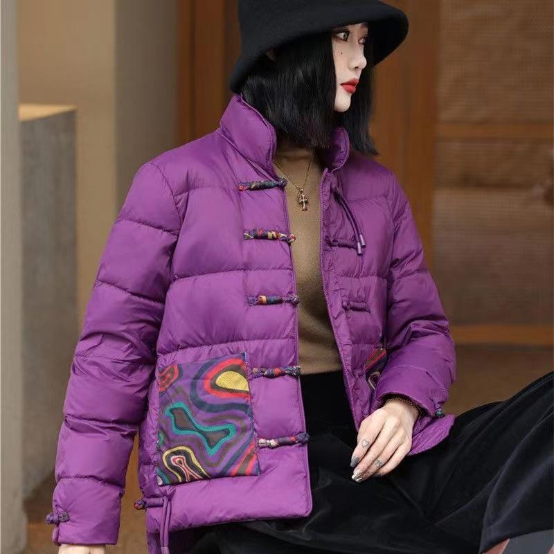 Женская ретро китайская пуховая куртка 2024: Осенне-зимний воротник-стойка, пуговица-лягушка, этнический пэчворк принт