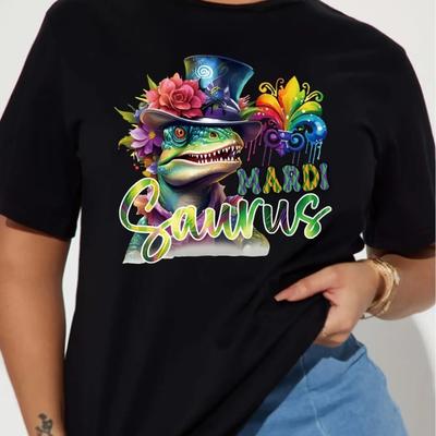 1 шт. Графическая футболка Mardi Saurus, Женская футболка с круглым вырезом, Повседневная вязаная футболка с коротким рукавом, Всесезонная футболка с принтом динозавра Mardi Gras