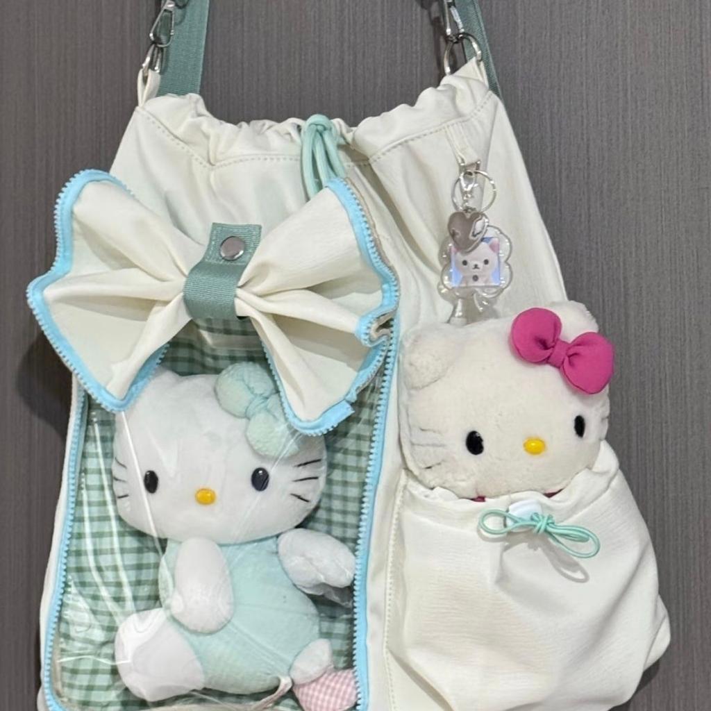 Cute Bow Backpack Ladies Drawstring  Harajuku Aesthetic Ita Bag Female Wide Strap 20cm Doll Crossbody Large Capacity Cotton Bag