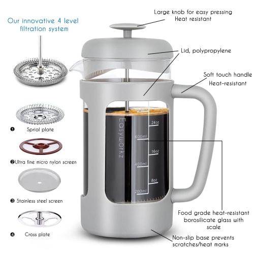 Easyworkz Heat-Resistant Glass French Press for Coffee & Tea, Soft Grip, 1000ml (8 Cups), Light Gray