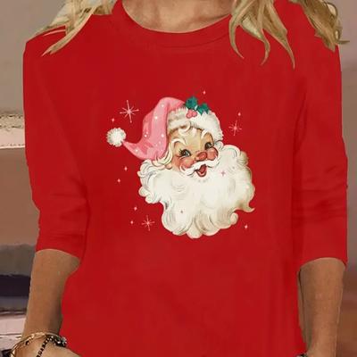 Топы для женщин Юмористический принт Санта-Клауса с круглым вырезом и длинным рукавом Футболка Осенний повседневный тонкий пуловер Женский топ с длинным рукавом