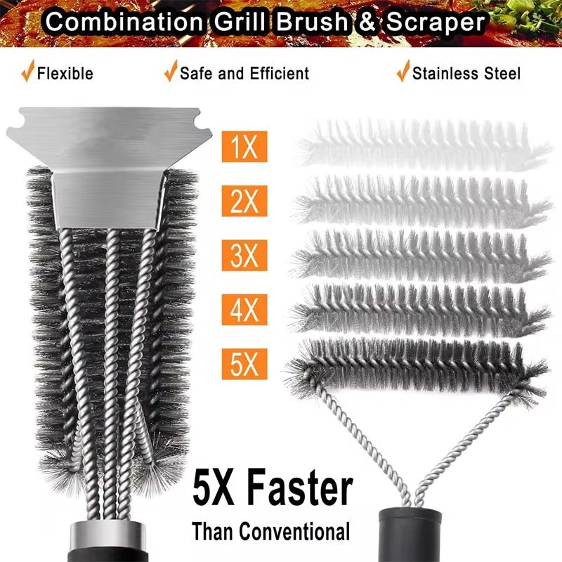 Camping Grill Brush and Scraper Stainless Steel BBQ Cleaning Brush with Deluxe Handl 3 In 1 Bristles Grill Cleaning Brush JT518