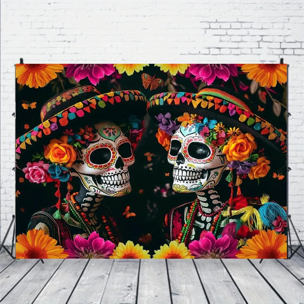2D Flat banner, 1 piece. Halloween background sugar skull photography background. Mexican festival marigold.
