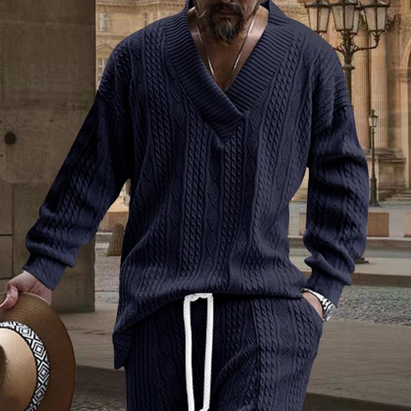 Осень-зима Cross Border Повседневный жаккардовый трикотаж Мужская весенне-осенняя свободная футболка с длинным рукавом Мужские пуловеры с V-образным вырезом Топы