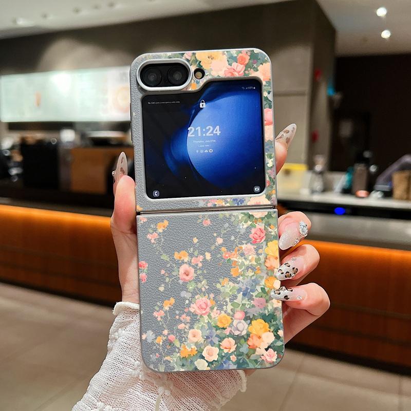 Garden Flower Case For Samsung Galaxy Z Flip 6 5 4 3 Capa Leather Texture Silicone Folding Cover For Samsung Z Flip6 Flip5 Flip4