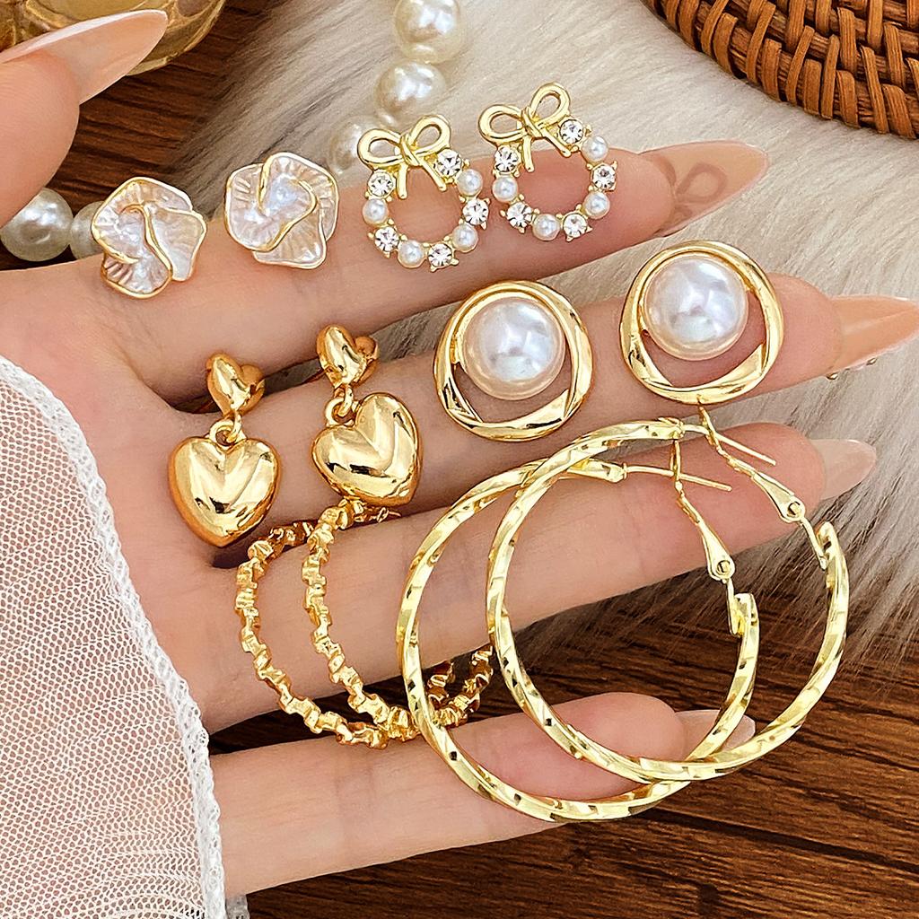 Geometric faux pearl earring set Flower heart fashion exquisite earrings earrings set