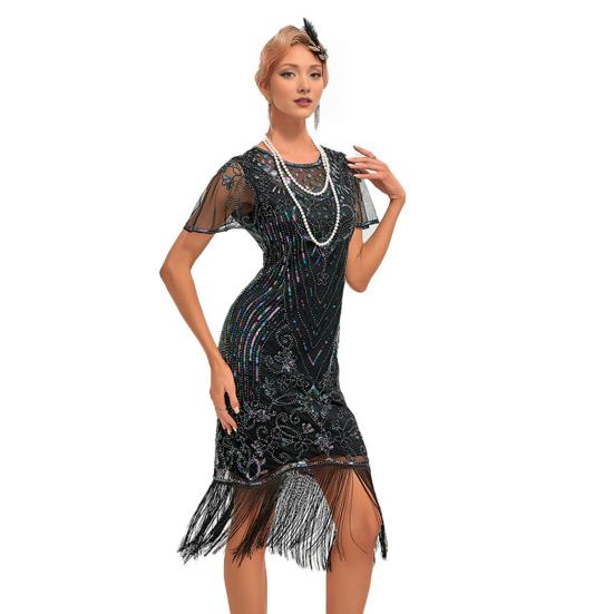 Женское выпускное платье в винтажном стиле с ажурным кружевом, кисточками и пайетками, прозрачным круглым вырезом, короткими рукавами, облегающим фасоном, застежкой-молнией сзади, банкетное платье